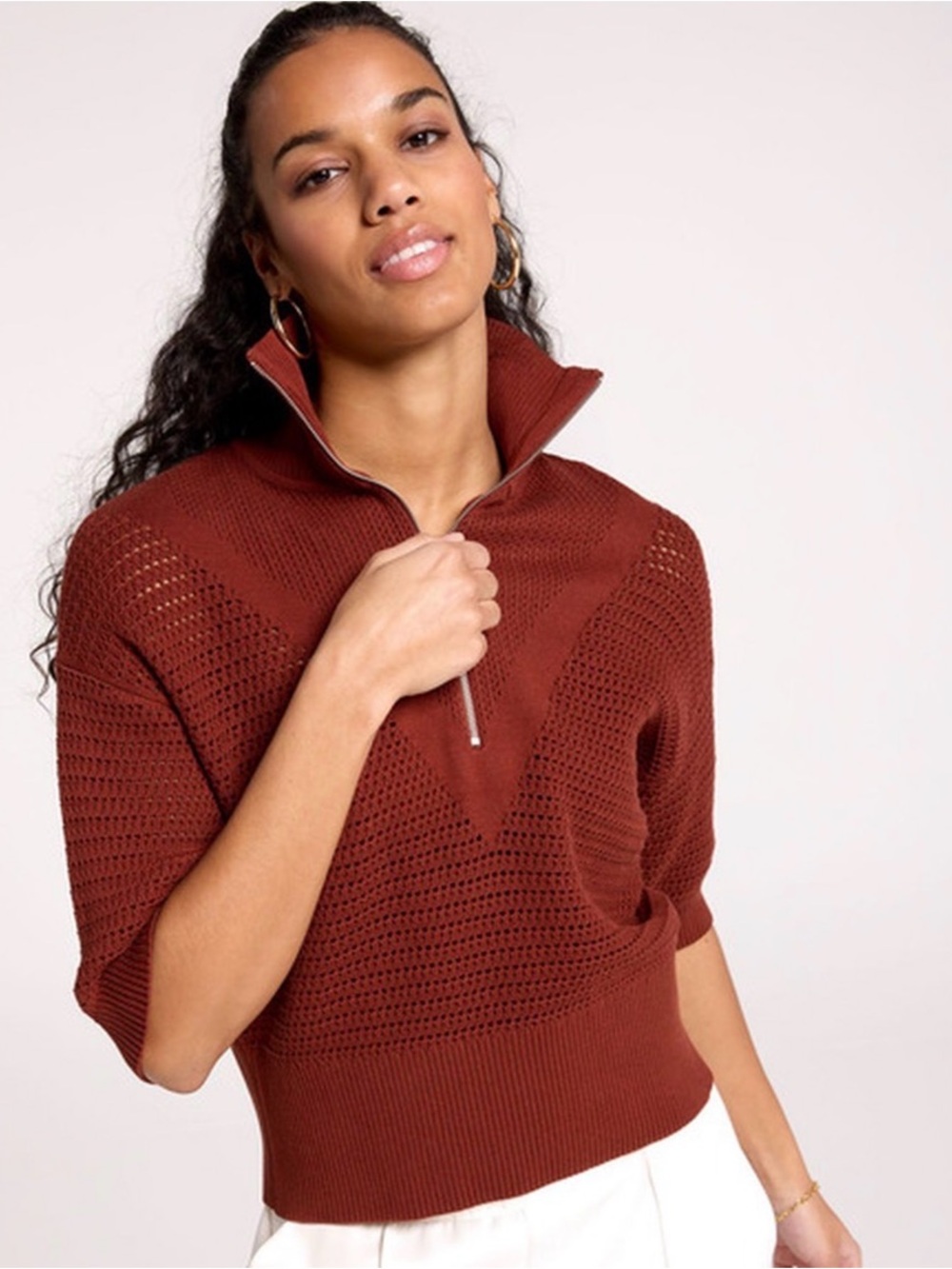 CALIA Women’s Open Knit 1/4 Zip Lightweight Sweater Rust Red Orange Size Small